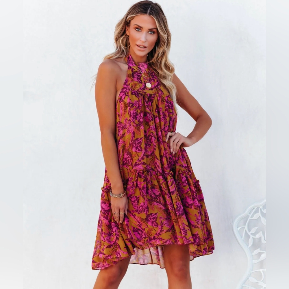 Plum Floral Backless Halter Mini Dress Size  med